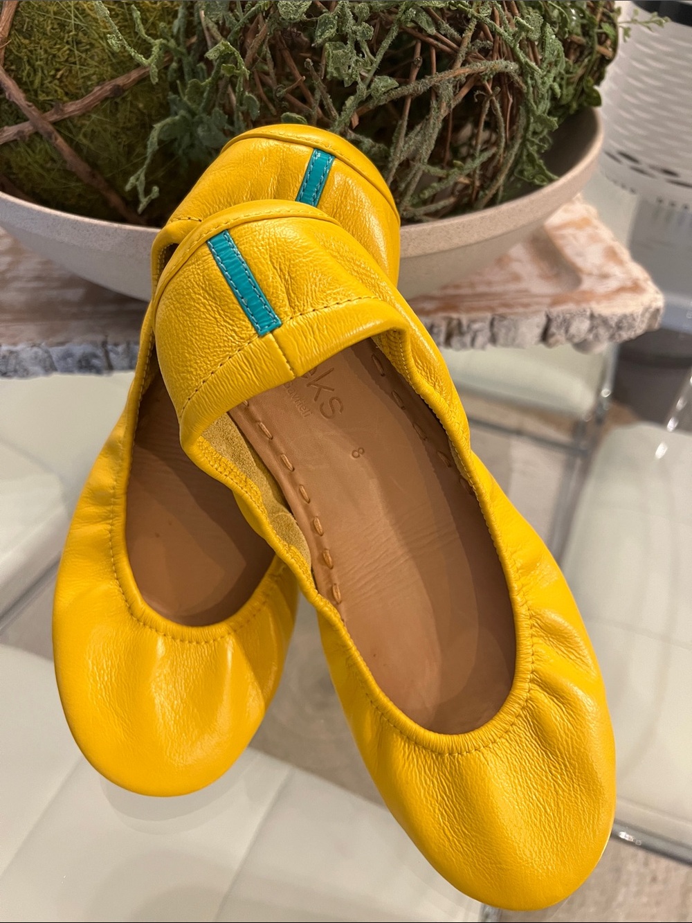 Tieks Kids Yellow Leather Ballet Flats with Teal Accent